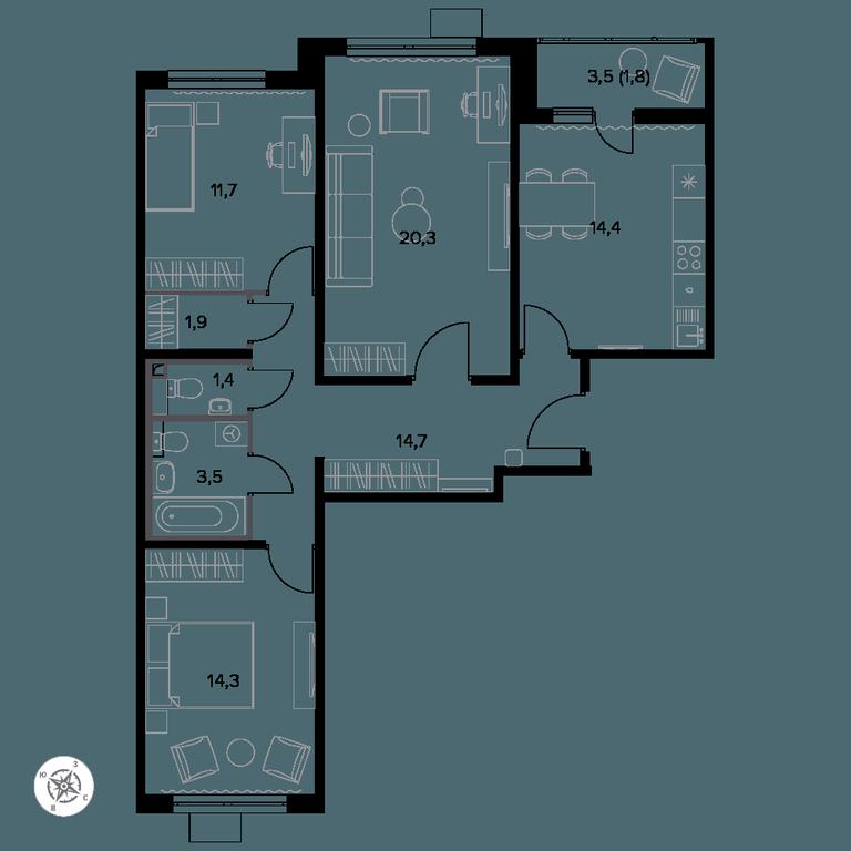 3-BD Apartment Sale, 84.1 sq. m. at Yzhnaya Bitsa, Yuzhnaya Bitsa Residential Complex, posyolok Bittsa, Leninskiy City District, Moscow Region, Russia #1