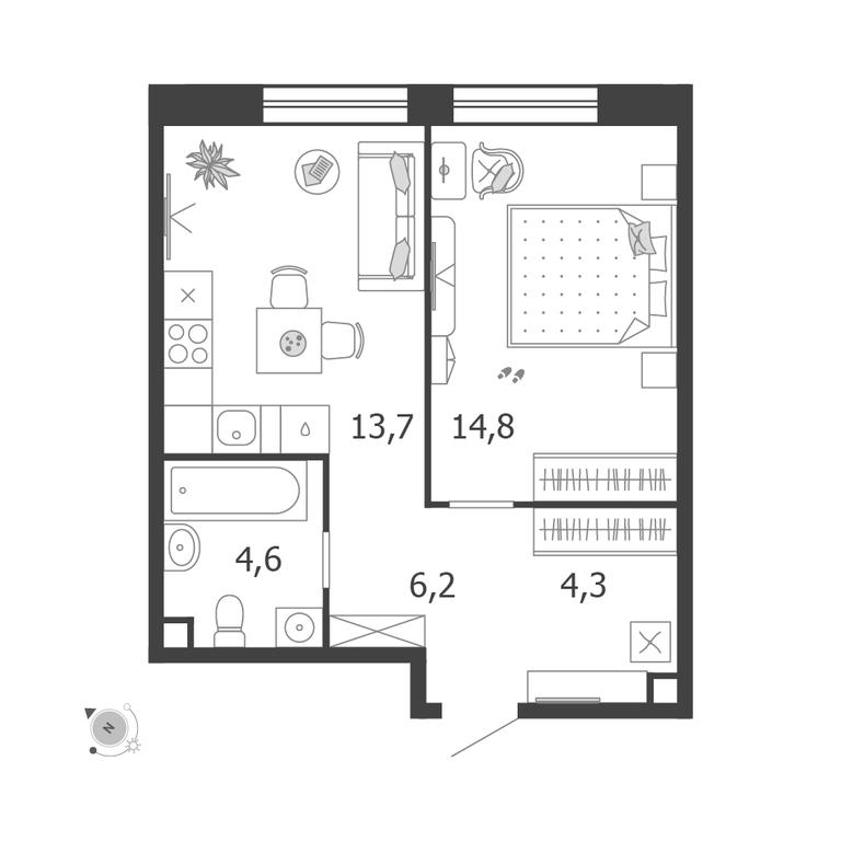 1-BD Apartment Sale, 43.6平方米 at Shagal, Автозаводская улица, 23, Москва, Россия #1