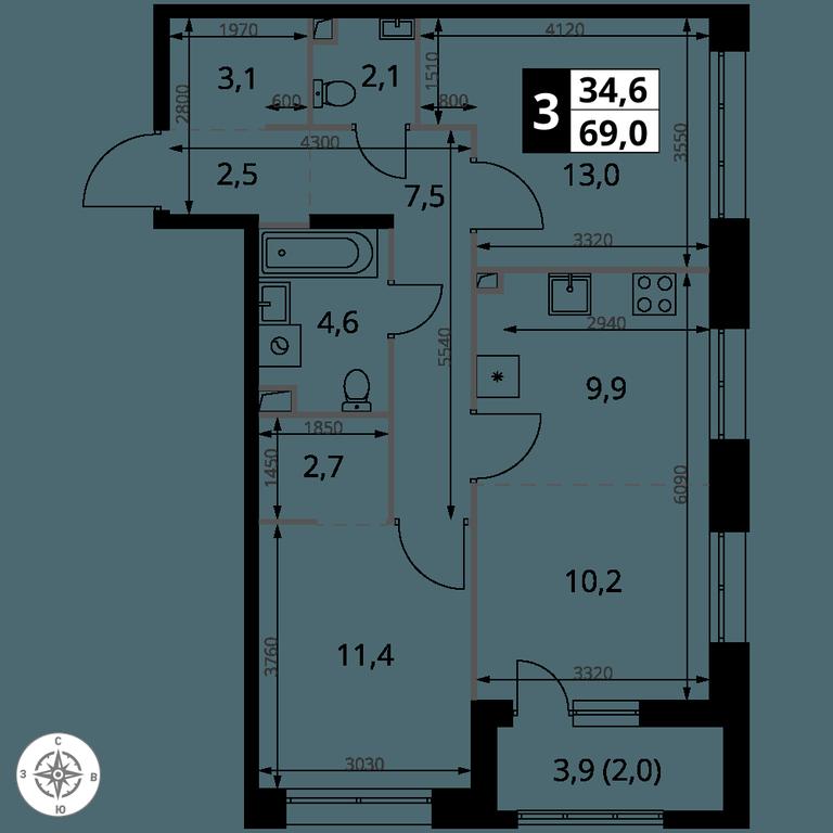 3-BD Apartment Sale, 69平方米 at 1-y Salarevskiy, Kiyevskoye Highway, Moskovskiy Settlement, Moscow, Russia #2