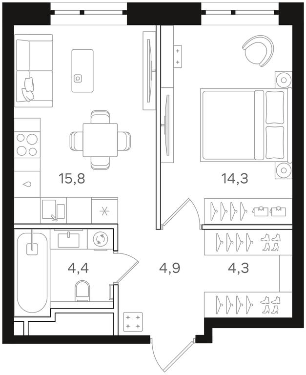 1-BD Apartment Sale, 43.7平方米 at Mangazeya na Rechnom, Leningradskoye Highway, Moscow, Russia #1