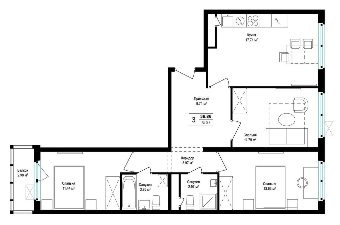 3-BD Apartment Sale, 75.9平方米 at Eko Vidnoe 2.0, kvartal Tsentralny, 1, Kupelinka Subdistrict, derevnya Sapronovo, Leninskiy City District, Moscow Region, Russia #1