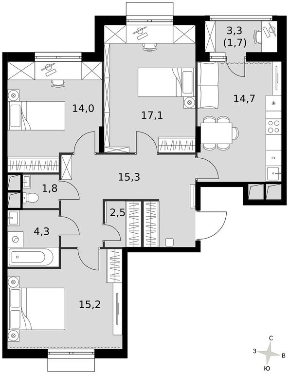 3-BD Apartment Sale, 86.7 sq. m. at Rimskiy, Rimskiy proyezd, 1, Settlement of Razvilka, Leninskiy City District, Moscow Region, Russia #1