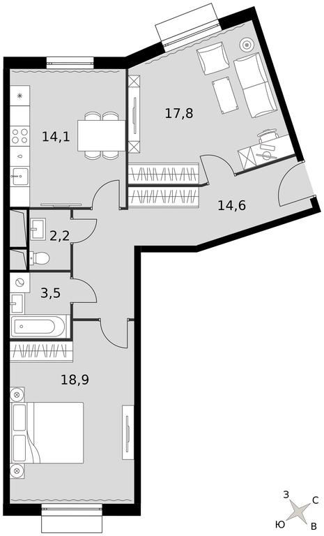 2-BD Apartment Sale, 71.1平方米 at Rimskiy, Rimskiy proyezd, 1, Settlement of Razvilka, Leninskiy City District, Moscow Region, Russia #1