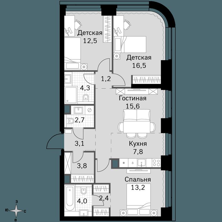4-BD Apartment Sale, 87.1平方米 at Amber City, 3rd Khoroshyovsky Drive, 3А, Moscow, Russia #1