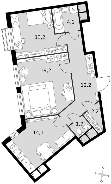 2-BD Apartment Sale, 66.7平方米 at Rimskiy, Rimskiy proyezd, 1, Settlement of Razvilka, Leninskiy City District, Moscow Region, Russia #1