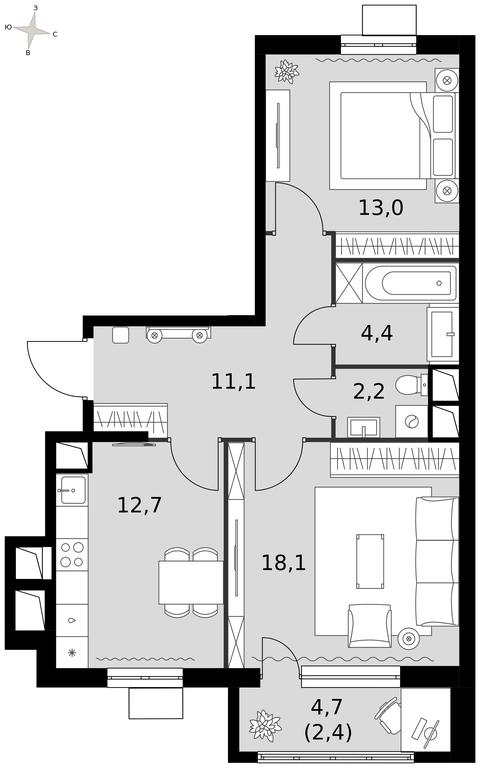 2-BD Apartment Sale, 63.8 sq. m. at Rimskiy, Rimskiy proyezd, 1, Settlement of Razvilka, Leninskiy City District, Moscow Region, Russia #1