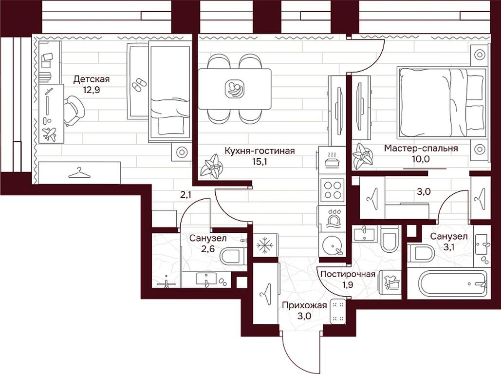 2-BD Apartment Sale, 53.2 sq. m. at Dom 7 Danilovskiy, Serpukhovsky Val Street, Moscow, Russia #1