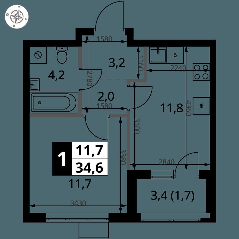 1-BD Apartment Sale, 34.6 sq. m. at 1 Yasenevskij, Kvartal № 24, Mosrentgen Settlement, Moscow, Russia #1