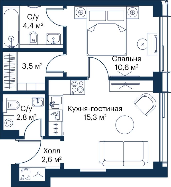 1-BD Apartment Sale, 39.2 sq. m. at City Bay, Volokolamskoye Highway, 95с3, Moscow, Russia #1