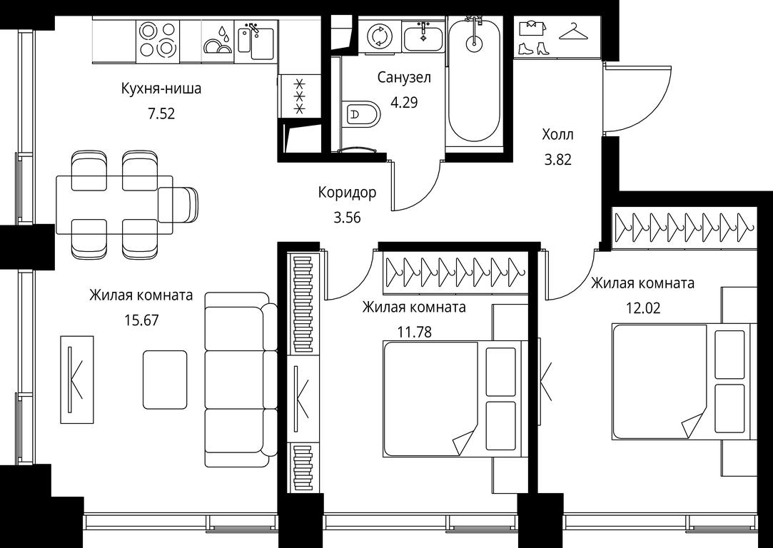 2-BD Apartment Sale, 58.66平方米 at City Bay, Volokolamskoye Highway, 95с3, Moscow, Russia #1
