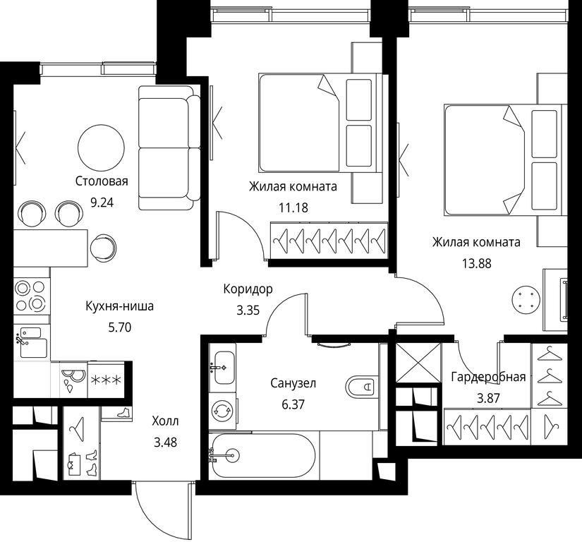 2-BD Apartment Sale, 57.07平方米 at City Bay, Volokolamskoye Highway, 95с3, Moscow, Russia #1