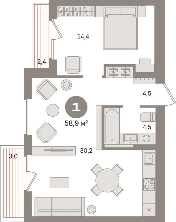 1-BD Apartment Sale, 58.9平方米 at Pervy kvartal, Kalinovaya ulitsa, derevnya Sapronovo, Leninskiy City District, Moscow Region, Russia #1
