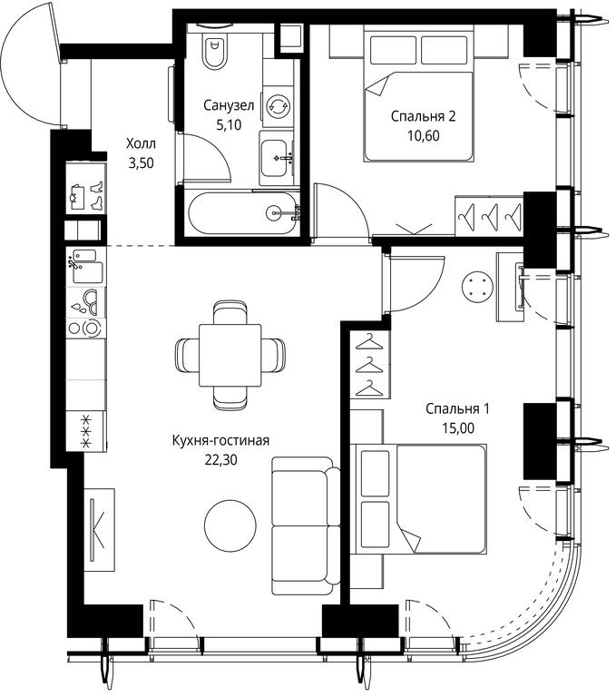 2-BD Apartment Sale, 56.5平方米 at City Bay, Volokolamskoye Highway, 95с3, Moscow, Russia #1