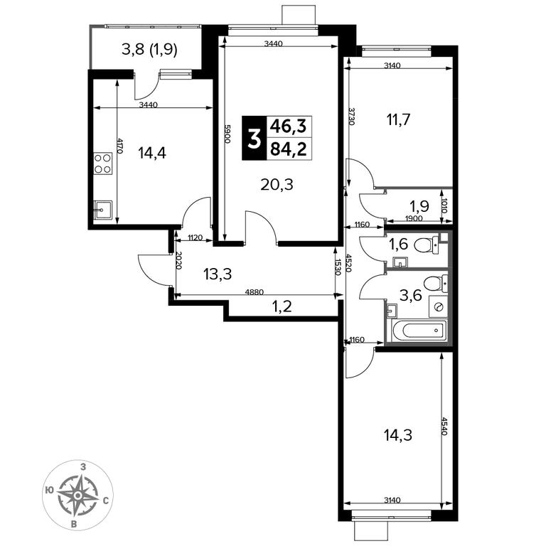 3-BD Apartment Sale, 84.2平方米 at Pervyi Lermontovskiy, zhiloy kompleks 1-y Lermontovskiy, Lyubertsy, Moscow Region, Russia #2