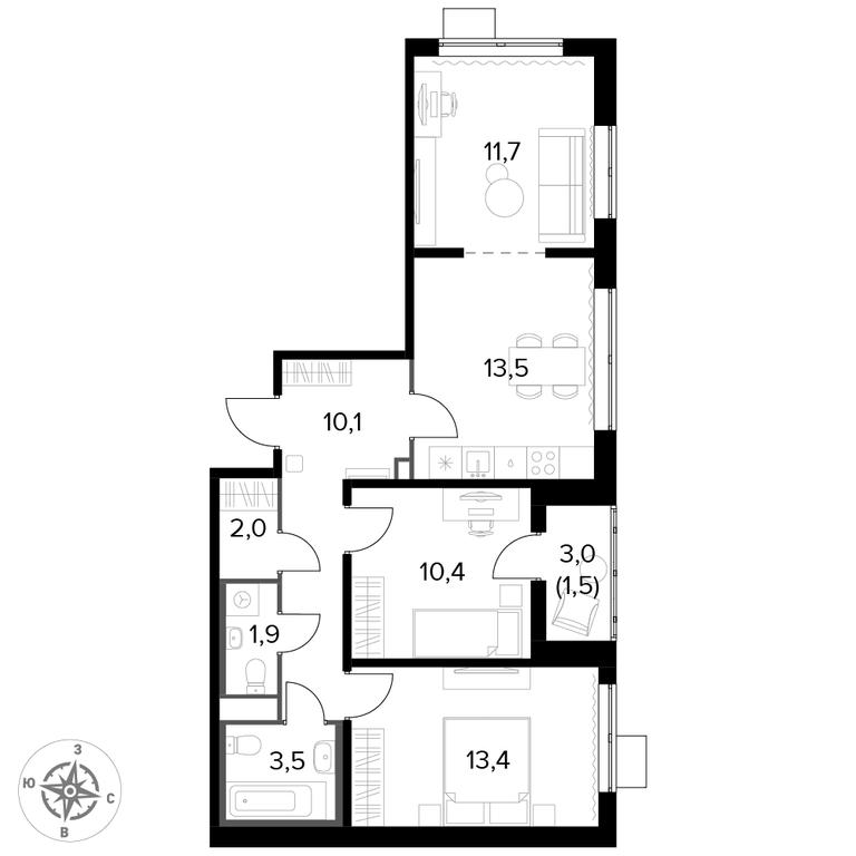 3-BD Apartment Sale, 68.1 sq. m. at Pervyi Lermontovskiy, zhiloy kompleks 1-y Lermontovskiy, Lyubertsy, Moscow Region, Russia #1