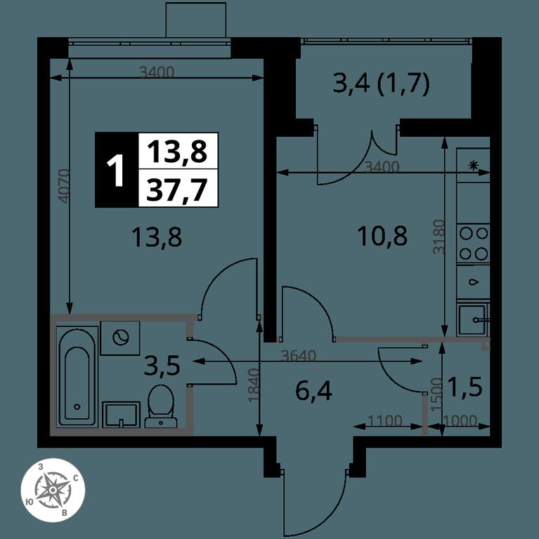 1-BD Apartment Sale, 37.7平方米 at Pervy Yuzhny, zhiloy kompleks Pervy Yuzhny, Leninskiy City District, Moscow Region, Russia #2