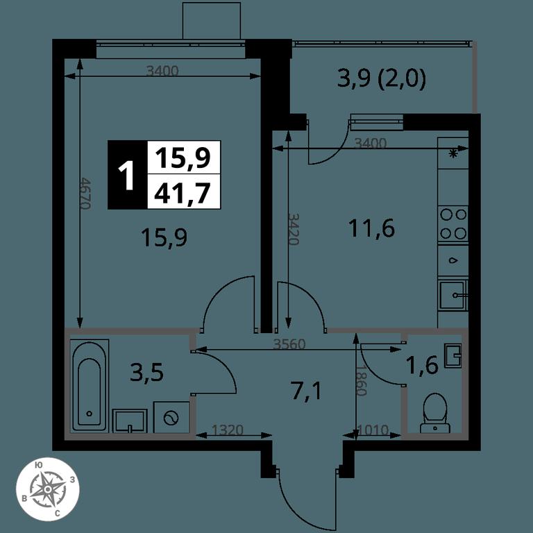 1-BD Apartment Sale, 41.6平方米 at Pervy Yuzhny, zhiloy kompleks Pervy Yuzhny, Leninskiy City District, Moscow Region, Russia #2