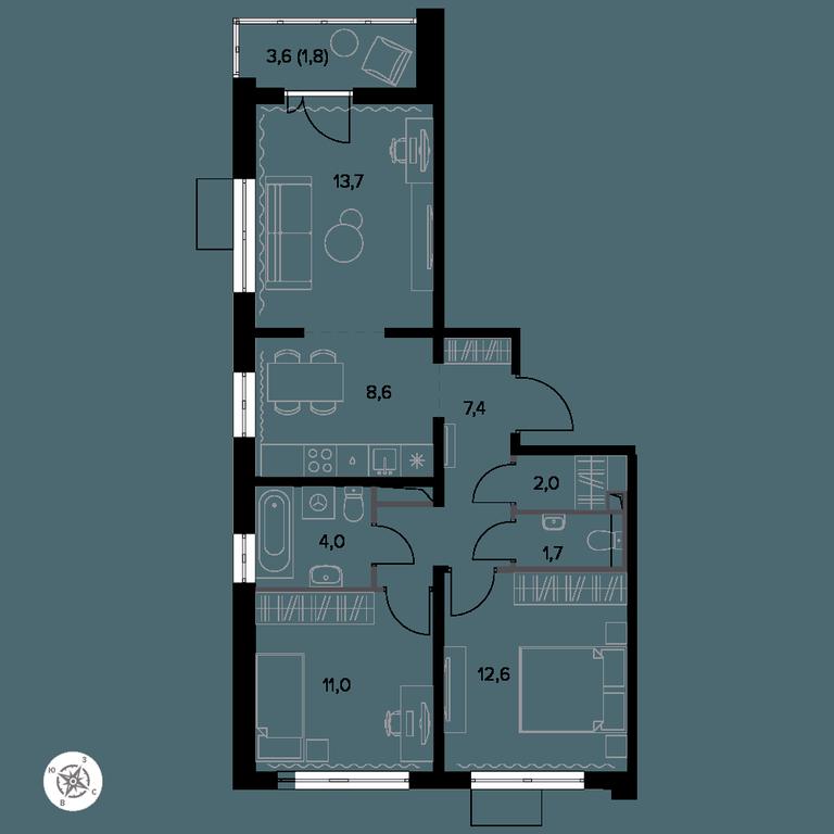 3-BD Apartment Sale, 62.6 sq. m. at Yzhnaya Bitsa, Yuzhnaya Bitsa Residential Complex, posyolok Bittsa, Leninskiy City District, Moscow Region, Russia #1