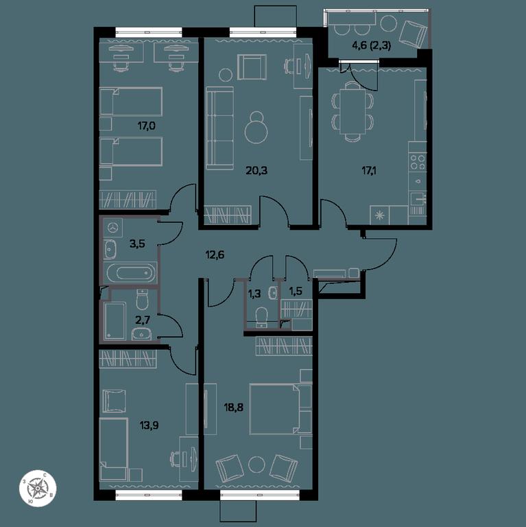 4-BD Apartment Sale, 112.8 sq. m. at Yzhnaya Bitsa, Yuzhnaya Bitsa Residential Complex, posyolok Bittsa, Leninskiy City District, Moscow Region, Russia #1