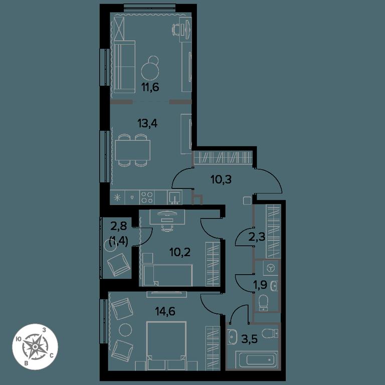 3-BD Apartment Sale, 70.3 sq. m. at Yzhnaya Bitsa, Yuzhnaya Bitsa Residential Complex, posyolok Bittsa, Leninskiy City District, Moscow Region, Russia #1