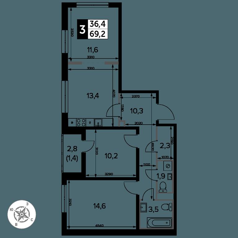 3-BD Apartment Sale, 70.3 sq. m. at Yzhnaya Bitsa, Yuzhnaya Bitsa Residential Complex, posyolok Bittsa, Leninskiy City District, Moscow Region, Russia #2