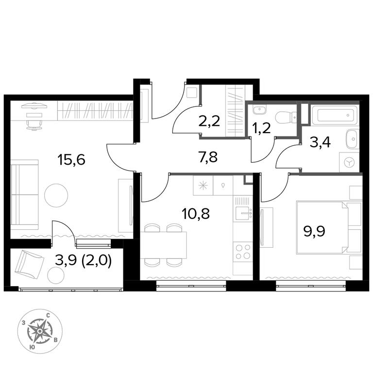 2-BD Apartment Sale, 53.4平方米 at Yzhnaya Bitsa, Yuzhnaya Bitsa Residential Complex, posyolok Bittsa, Leninskiy City District, Moscow Region, Russia #1