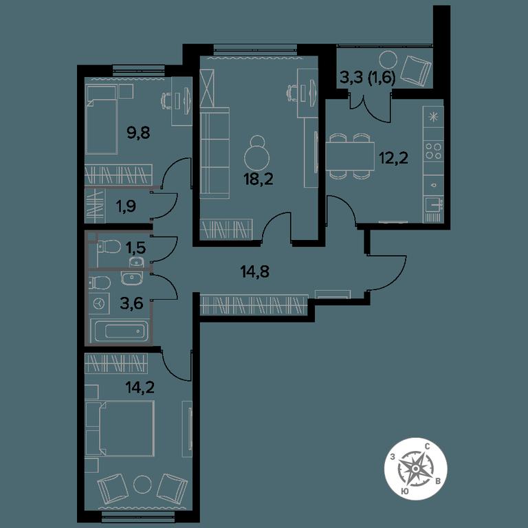 3-BD Apartment Sale, 78.4 sq. m. at Yzhnaya Bitsa, Yuzhnaya Bitsa Residential Complex, posyolok Bittsa, Leninskiy City District, Moscow Region, Russia #1