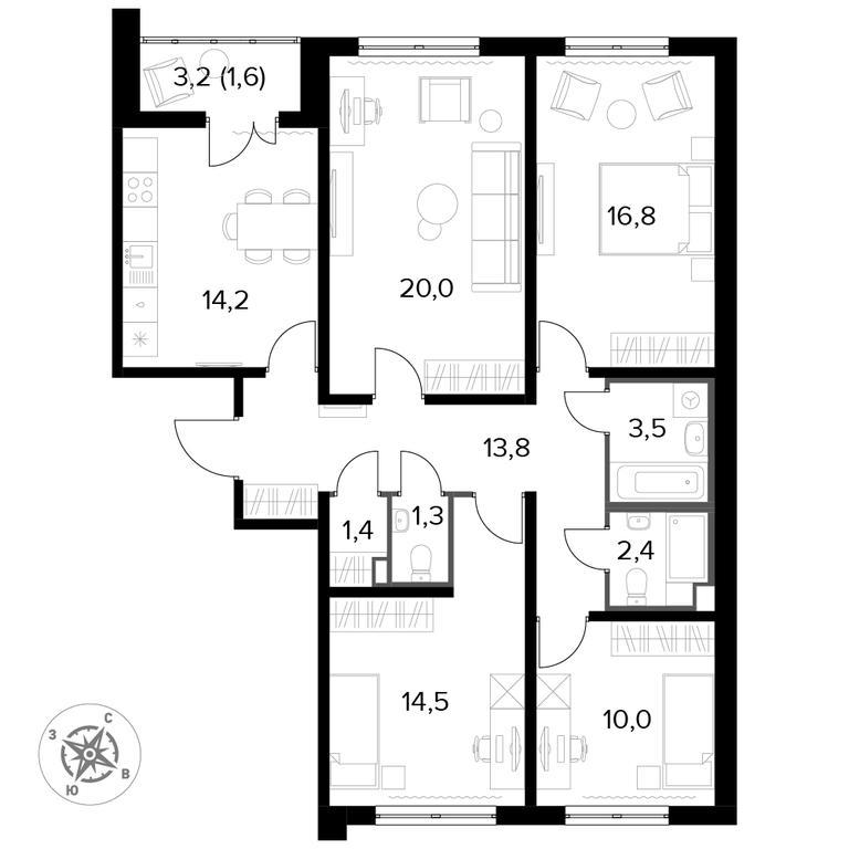 4-BD Apartment Sale, 100.5 sq. m. at Yzhnaya Bitsa, Yuzhnaya Bitsa Residential Complex, posyolok Bittsa, Leninskiy City District, Moscow Region, Russia #1