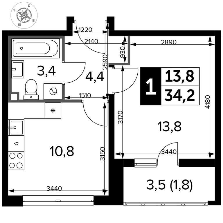 1-BD Apartment Sale, 34.6 sq. m. at Yzhnaya Bitsa, Yuzhnaya Bitsa Residential Complex, posyolok Bittsa, Leninskiy City District, Moscow Region, Russia #2