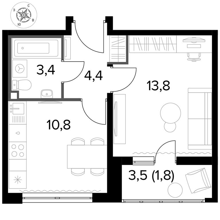 1-BD Apartment Sale, 34.6 sq. m. at Yzhnaya Bitsa, Yuzhnaya Bitsa Residential Complex, posyolok Bittsa, Leninskiy City District, Moscow Region, Russia #1