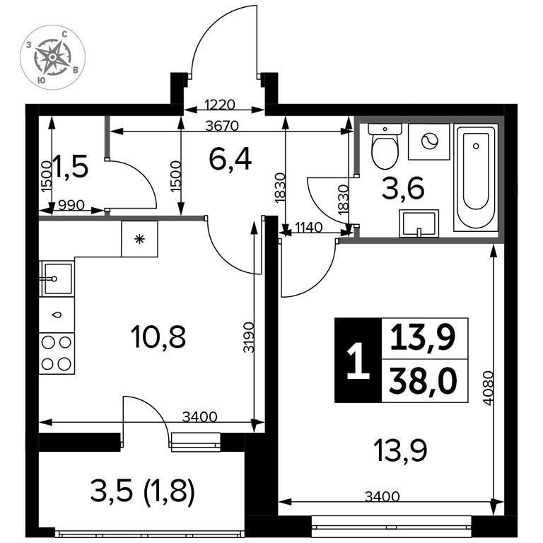 1-BD Apartment Sale, 38.3 sq. m. at Yzhnaya Bitsa, Yuzhnaya Bitsa Residential Complex, posyolok Bittsa, Leninskiy City District, Moscow Region, Russia #2