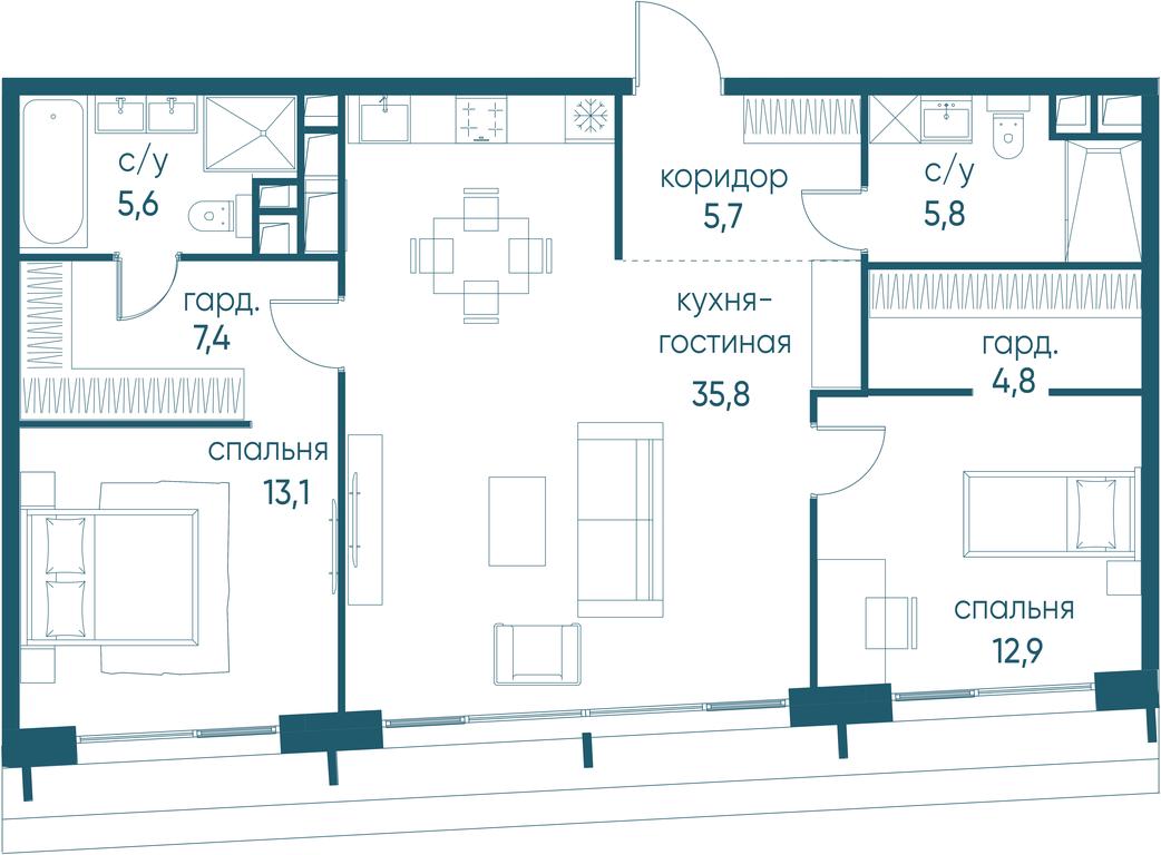 2-BD Apartment Sale, 91.1 sq. m. at Ostrov, Nizhnye Mnyovniki Street, 37Ас4, Moscow, Russia #1