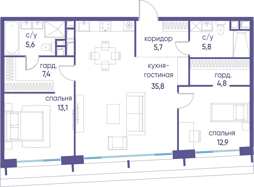2-BD Apartment Sale, 91.1 sq. m. at Ostrov, Nizhnye Mnyovniki Street, 37Ас4, Moscow, Russia #2