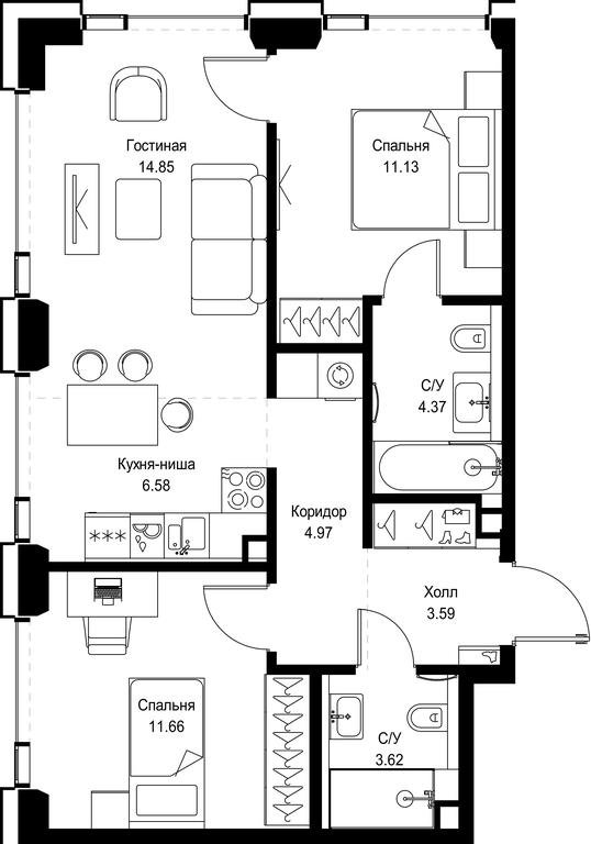 2-BD Apartment Sale, 60.77平方米 at SET, Vereyskaya Street, Moscow, Russia #1 2-BD Apartment Sale, 60.77平方米 at SET, Vereyskaya Street, Moscow, Russia #1