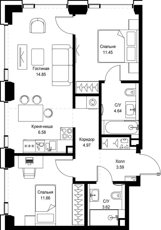2-BD Apartment Sale, 61.36平方米 at SET, Vereyskaya Street, Moscow, Russia #1
