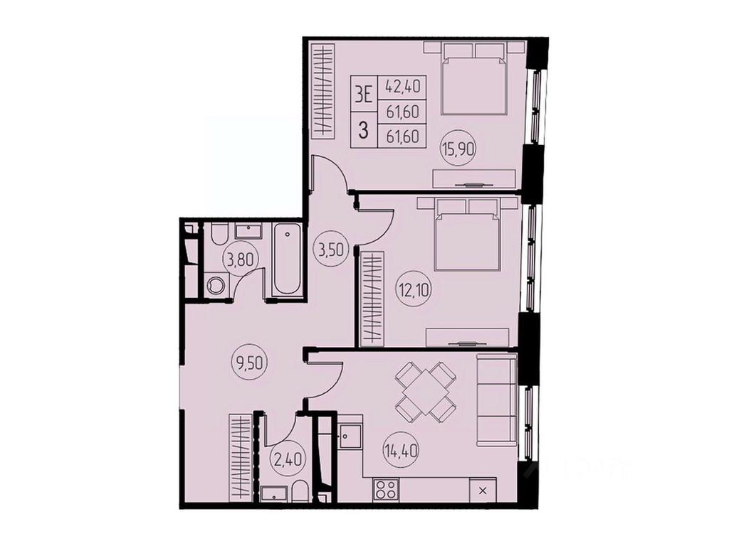 2-BD Apartment Sale, 61.6平方米 at 7 nebo, Pisarevskaya ulitsa, Pushkino, Moscow Region, Russia #1
