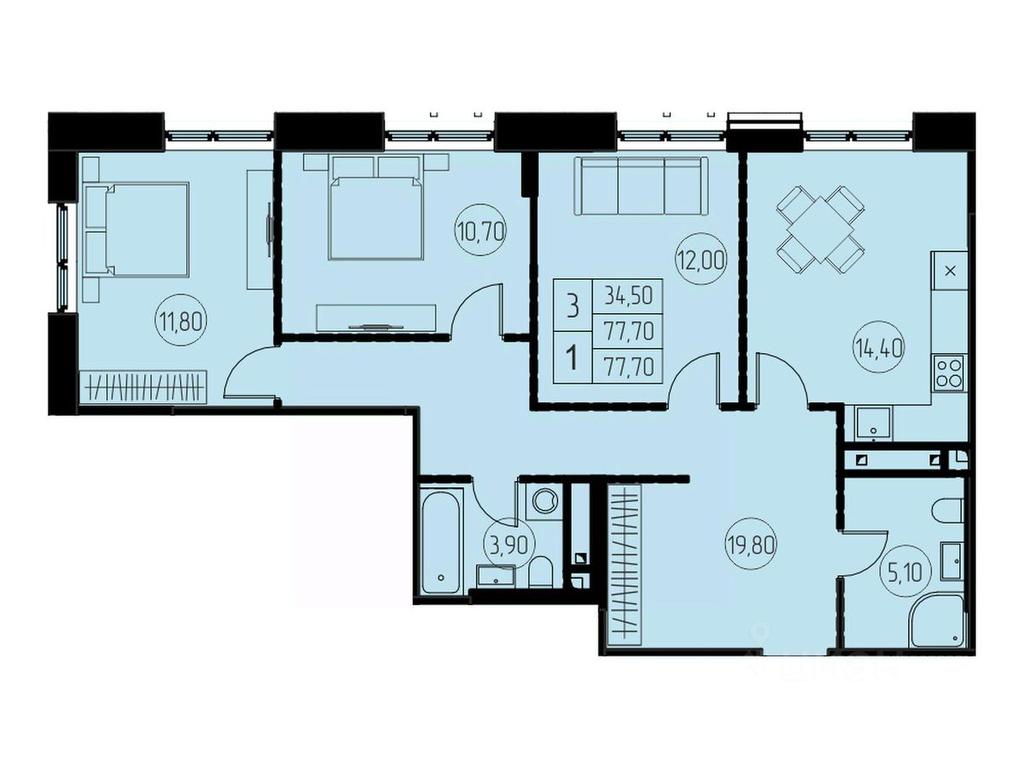 2-BD Apartment Sale, 77.7平方米 at 7 nebo, Pisarevskaya ulitsa, Pushkino, Moscow Region, Russia #1