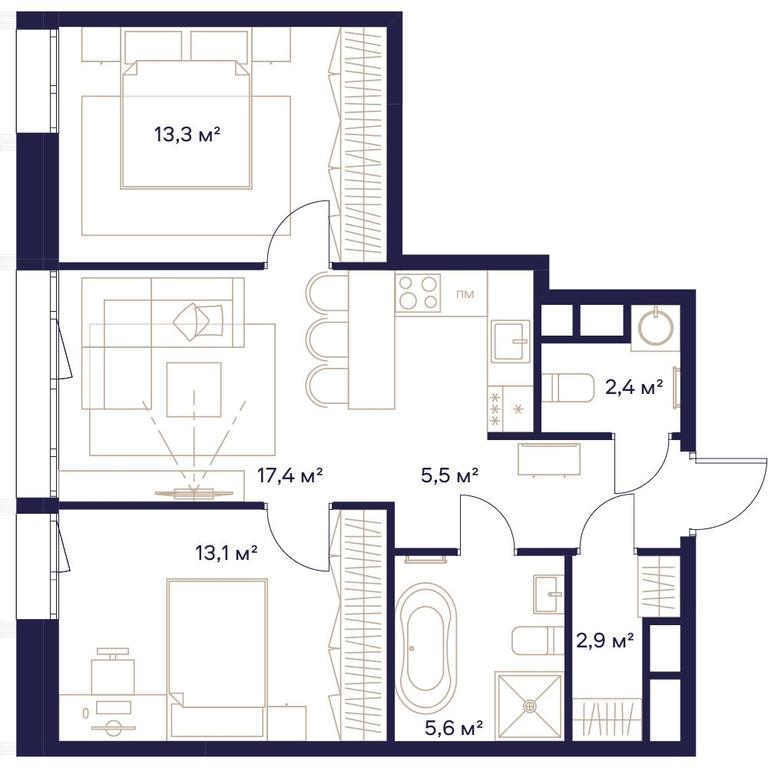 2-BD Apartment Sale, 60.2平方米 at Soyuz, Selskokhozyaystvennaya Street, Moscow, Russia #1
