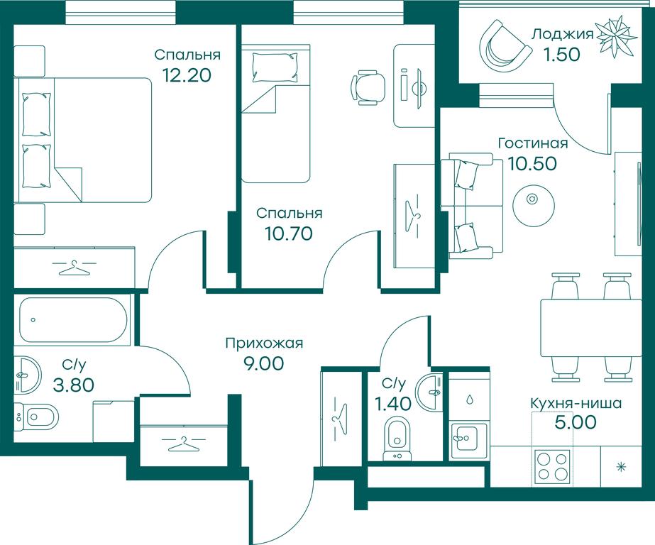 2-BD Apartment Sale, 54.1平方米 at Ravnovesie, zhiloy kompleks Ravnovesiye, selo Perkhushkovo, Odintsovskiy City District, Moscow Region, Russia #1