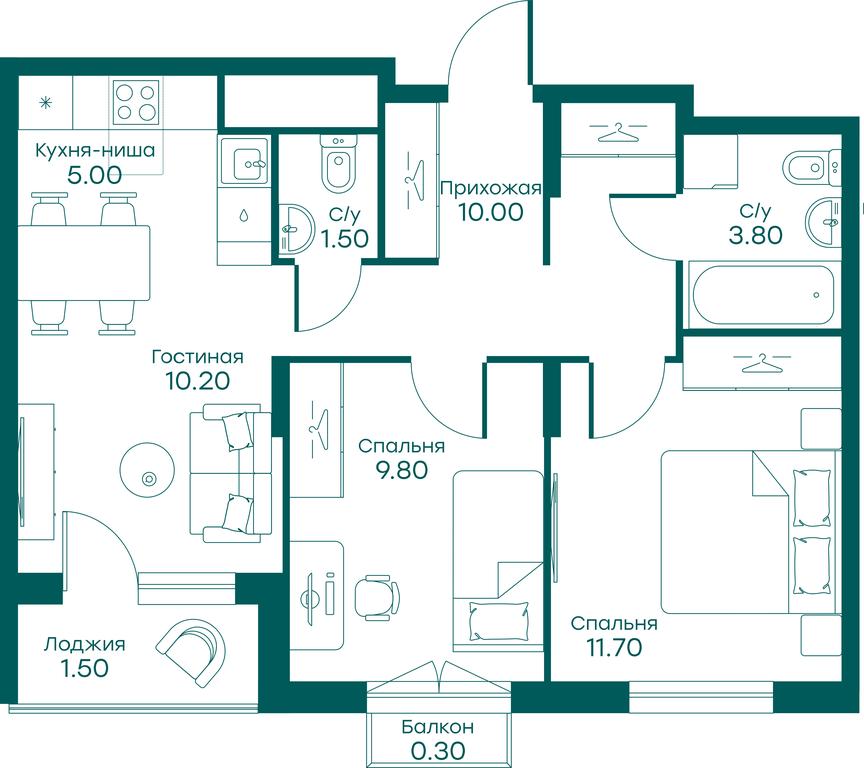 2-BD Apartment Sale, 53.8平方米 at Ravnovesie, zhiloy kompleks Ravnovesiye, selo Perkhushkovo, Odintsovskiy City District, Moscow Region, Russia #1