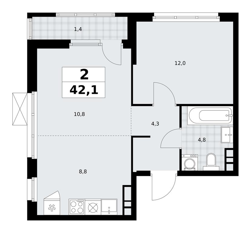 1-BD Apartment Sale, 42.1 sq. m. at Yzhnye Sady, Yuzhnye Sady Residential Complex, Moscow, Russia #1