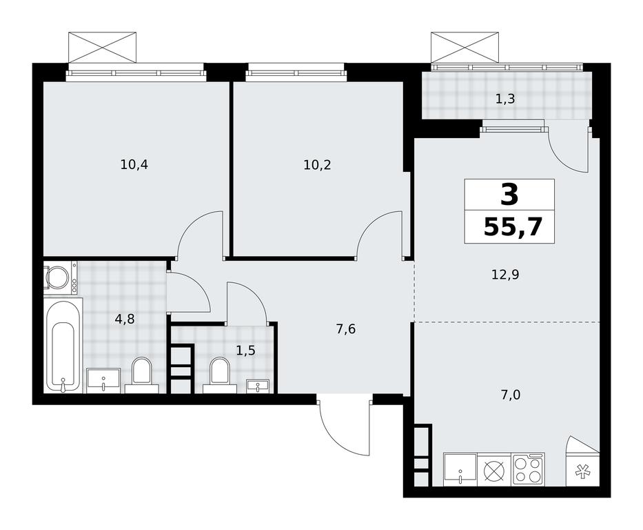 2-BD Apartment Sale, 55.7 sq. m. at Yzhnye Sady, Yuzhnye Sady Residential Complex, Moscow, Russia #1