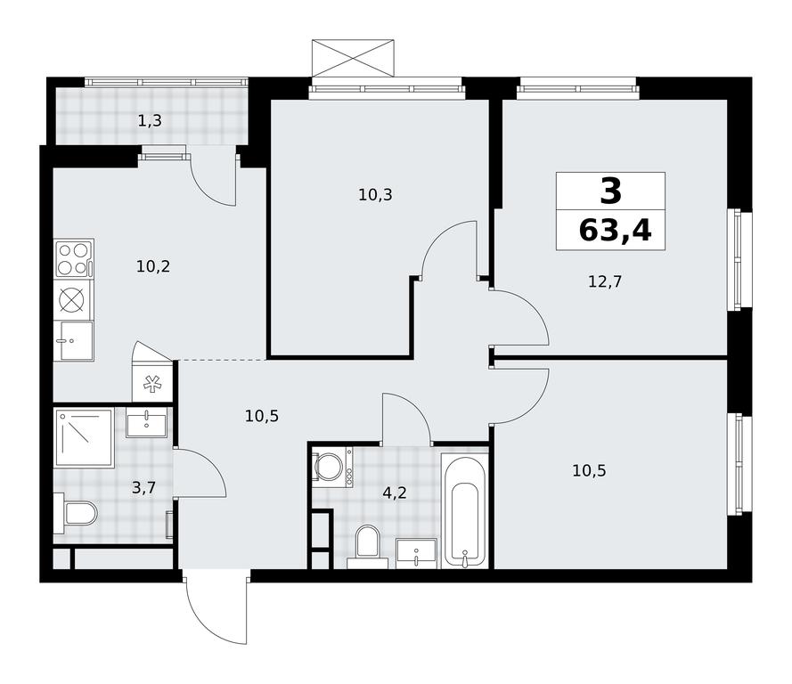 2-BD Apartment Sale, 63.4平方米 at Yzhnye Sady, Yuzhnye Sady Residential Complex, Moscow, Russia #1