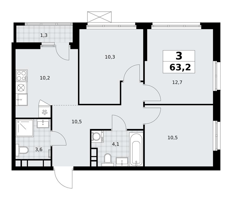 2-BD Apartment Sale, 63.2平方米 at Yzhnye Sady, Yuzhnye Sady Residential Complex, Moscow, Russia #1