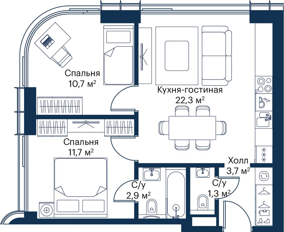 2-BD Apartment Sale, 52.54 sq. m. at City Bay, Volokolamskoye Highway, 95с3, Moscow, Russia #1
