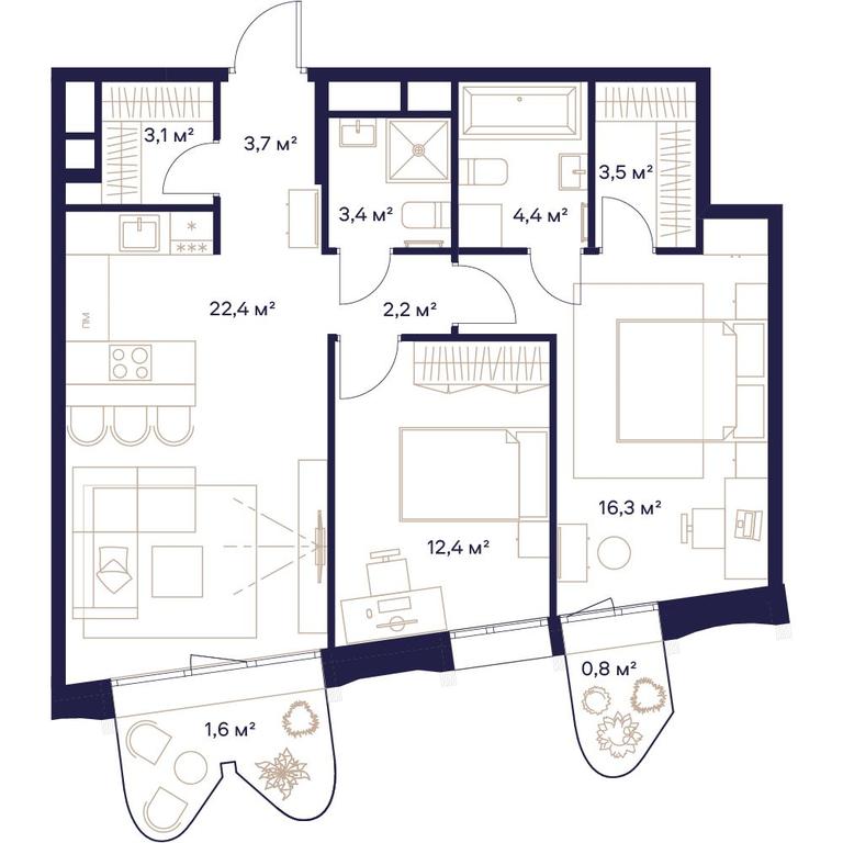 2-BD Apartment Sale, 73.8平方米 at Soyuz, Selskokhozyaystvennaya Street, Moscow, Russia #2