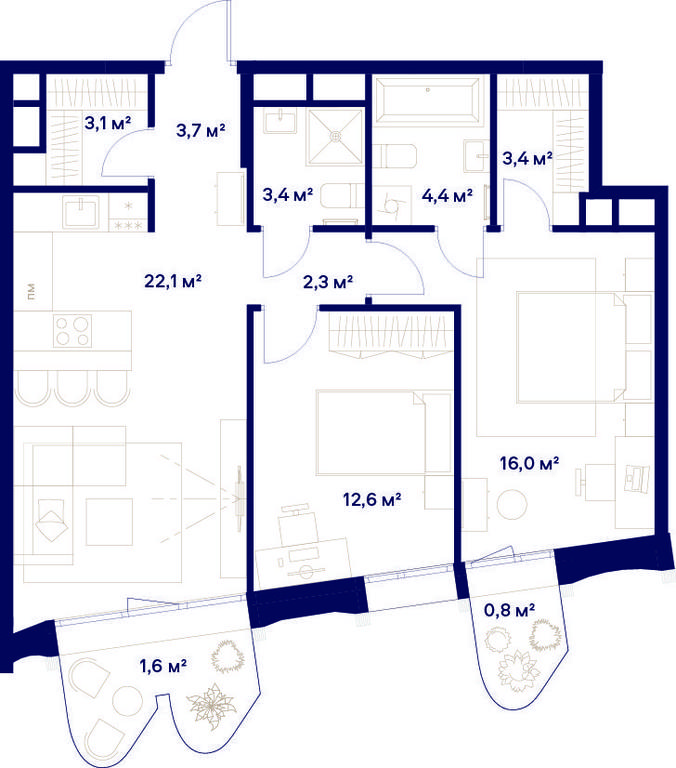 2-BD Apartment Sale, 73.4平方米 at Soyuz, Selskokhozyaystvennaya Street, Moscow, Russia #2
