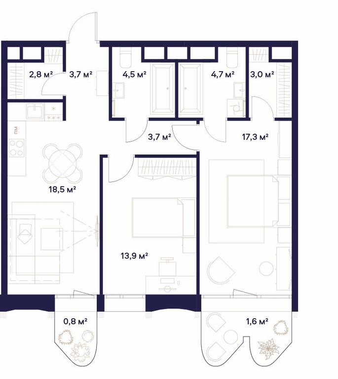 2-BD Apartment Sale, 74.5平方米 at Soyuz, Selskokhozyaystvennaya Street, Moscow, Russia #1
