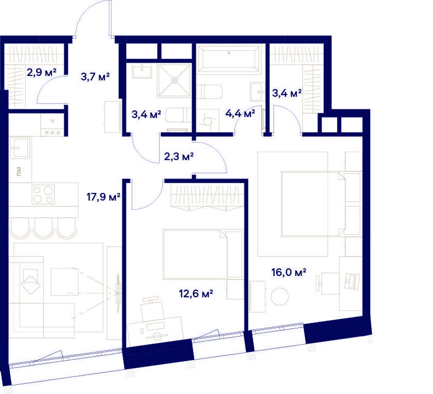 2-BD Apartment Sale, 66.6平方米 at Soyuz, Selskokhozyaystvennaya Street, Moscow, Russia #1