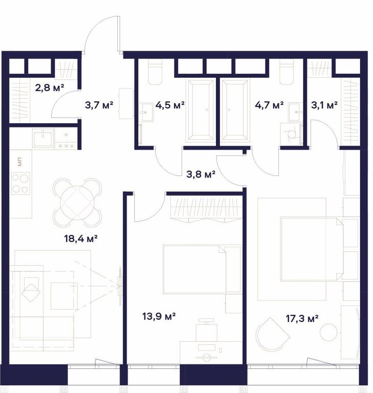 2-BD Apartment Sale, 72.2平方米 at Soyuz, Selskokhozyaystvennaya Street, Moscow, Russia #2